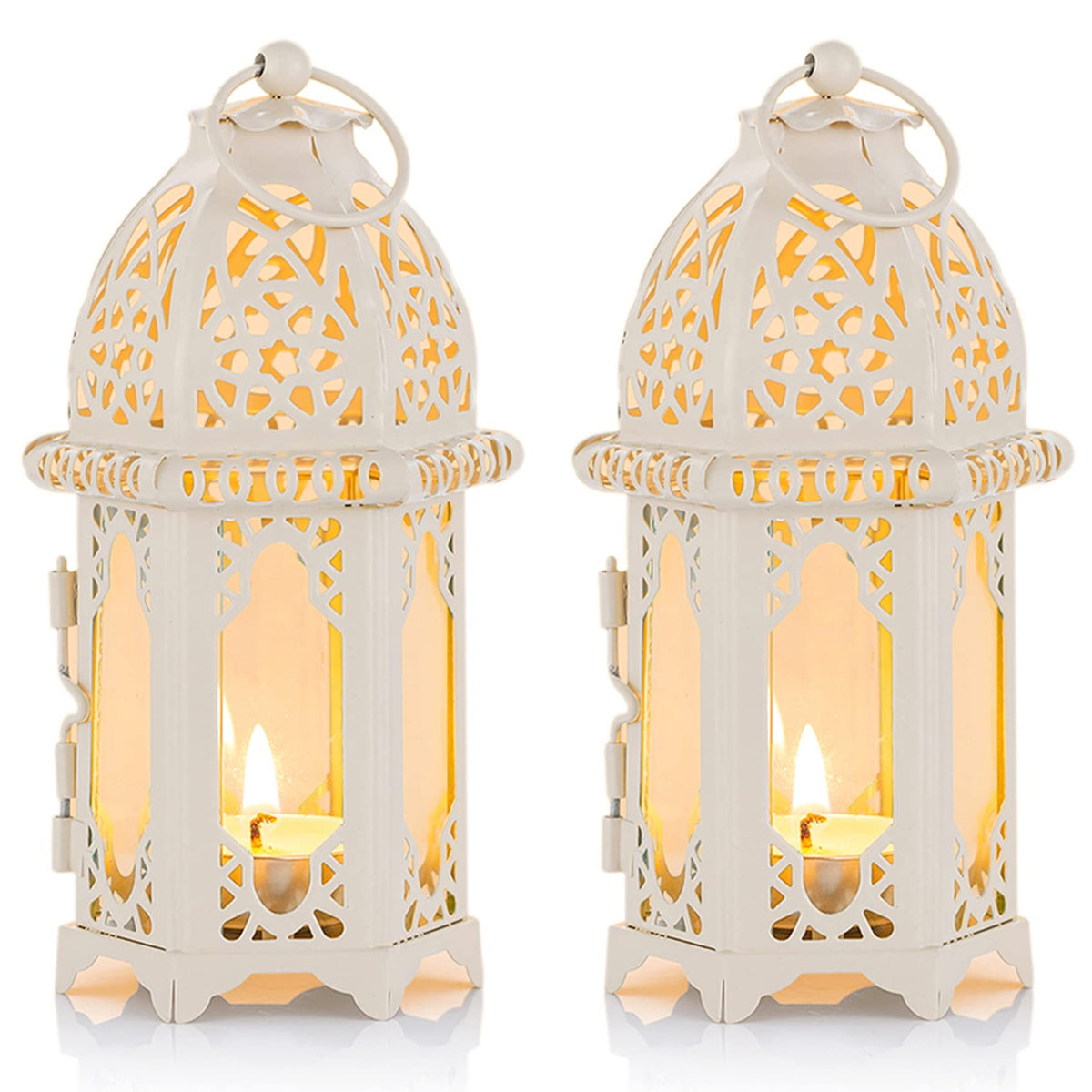 NUPTIO 2 Pcs Moroccan Style Candle Lantern - Small Sized Tealight Candle Holder with Transparent Glass Panels Great for Patio, Indoors/Outdoors, Events, Parties and Weddings, White