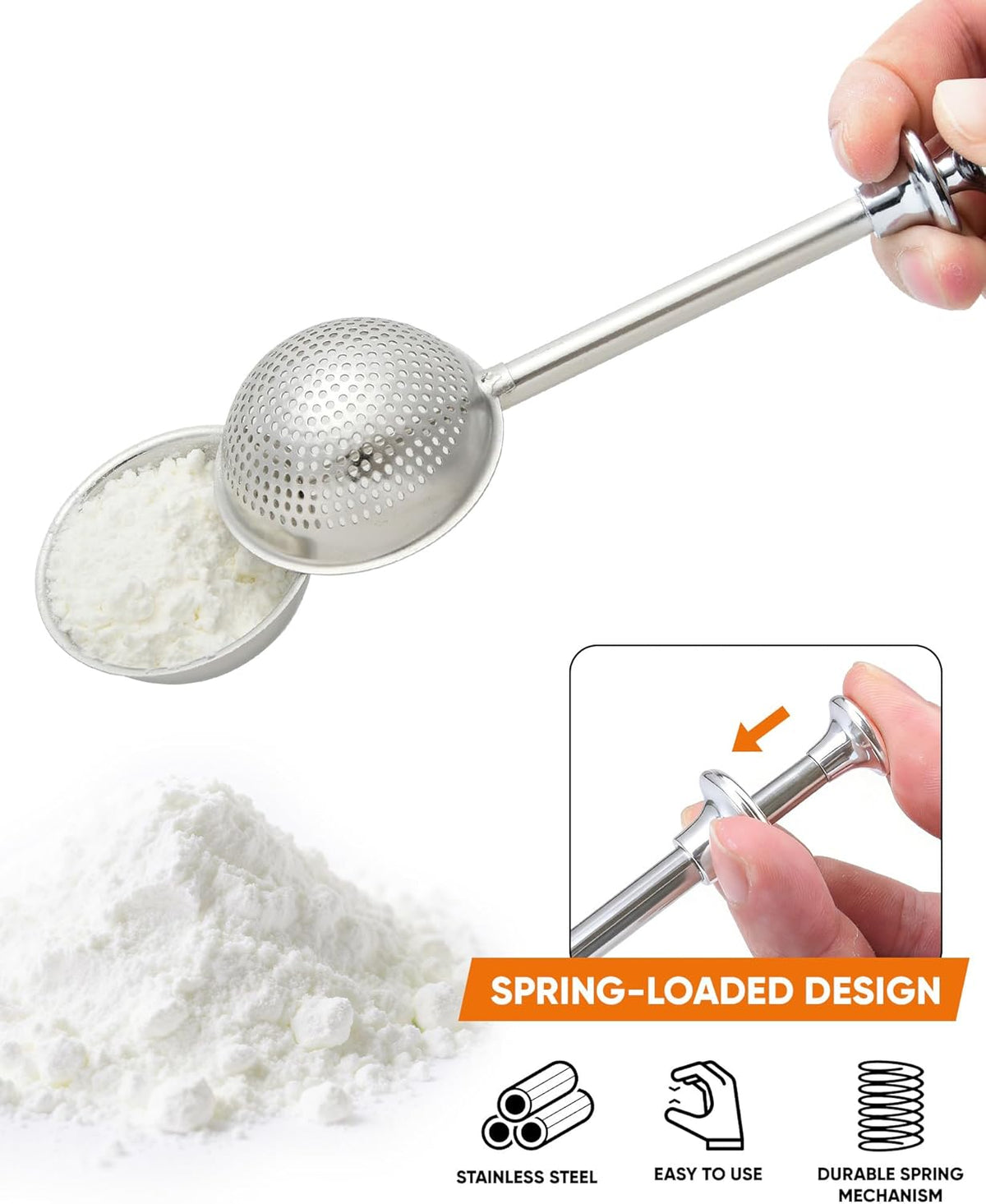 Skiennix Flour Duster - Stainless Steel Sifter with One-Handed Spring Handle | Fine Mesh for Even Sprinkling