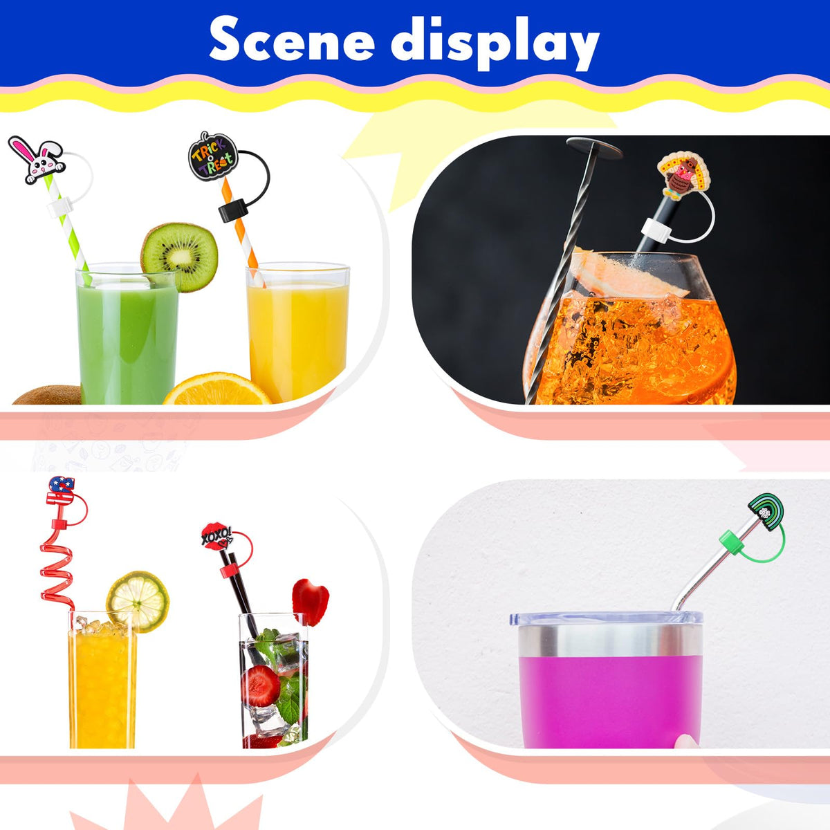 Ninehaoou 48 Pcs Holiday Straw Toppers Silicone Cute Straw Cover Cap Tumbler Reusable Drinking Cover Lid Topper Protector for Christmas Halloween Easter Independence Day St Patrick's Day