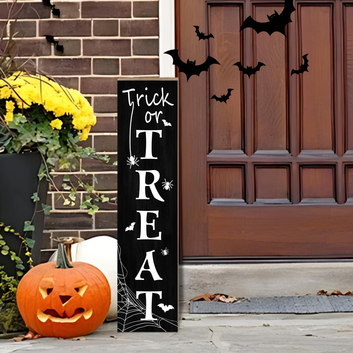 Halloween Porch Sign, Trick or Treat Wooden Welcome Sign with Bats, Spiders and Spider Web Design, Vertical Front Door Sign for Entryway, Farmhouse Halloween Porch Decor, 31.5 Inch