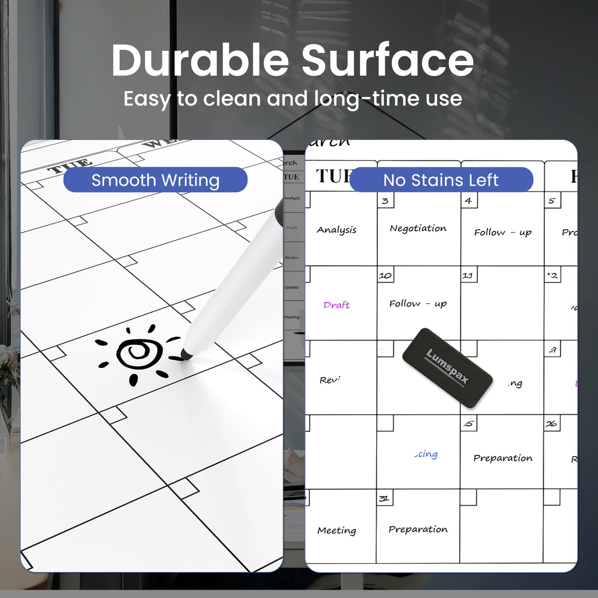 Lumspax Monthly Whiteboard Calendar for Wall, 24" x 18" Dry Erase Board with Plastic Frame, Hanging Dry Erase Calendar with 3 Mini Sticky Notes for Kitchen Planner, Memo, Home and Office, Blue