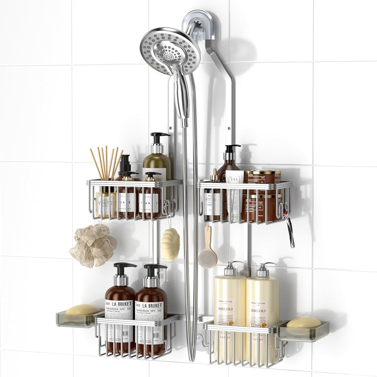 Reinhardt Aluminum Shower Caddy - Adjustable Rustproof Organizer with Hooks & Soap Holders | Silver