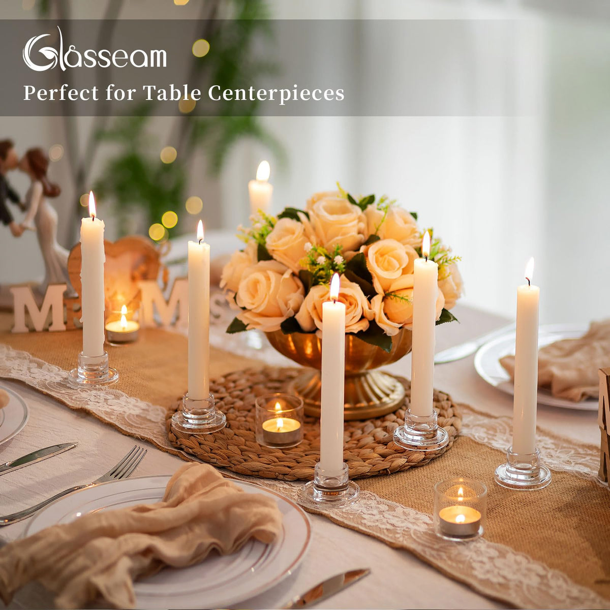Glasseam Glass Tapered Candlestick Holders: 10Pcs Small Taper Candle Holders Bulk Clear Candle Sticks Holder Decor Short Modern Candle Holder for Table Centerpiece Wedding Christmas Dinner Party