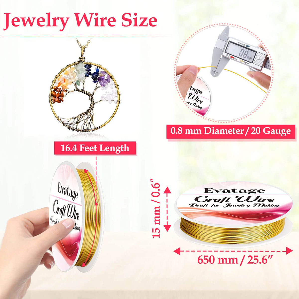 20 Gauge Jewelry Wire for Jewelry Making, Evatage 6 Rolls Craft Wire Tarnish Resistant Copper Beading Wire for Jewelry Making Supplies and Crafts