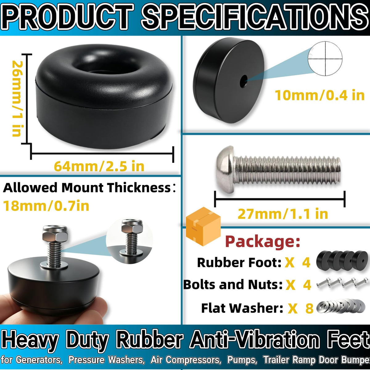 4-Pack Heavy Duty Rubber Anti-Vibration Feet &Rubber Bumpers - 1" x 2.5" Shock Absorbing Pads with Screw Kits for Generators,Pressure Washers,Air Compressors,Pumps,Trailer Ramp Door Bumpers
