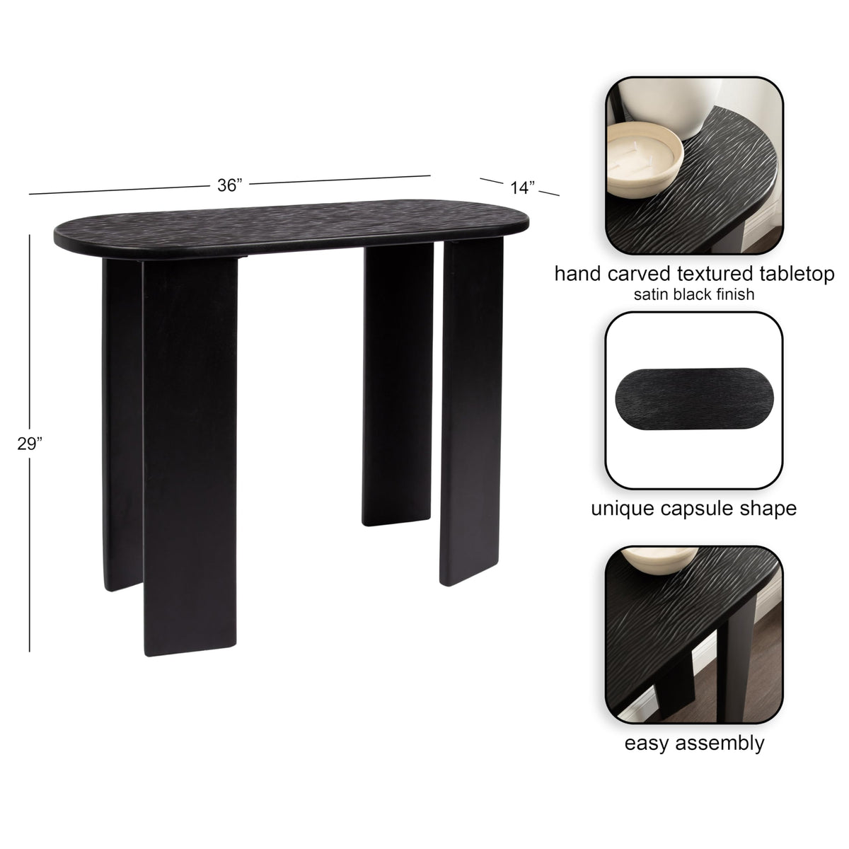 Kate and Laurel Yesenia Modern Capsule Mango Wood Console Table, 36 x 14 x 29, Black, Transitional Decorative Entryway Table with Textured Tabletop Design for Entry Decor Option