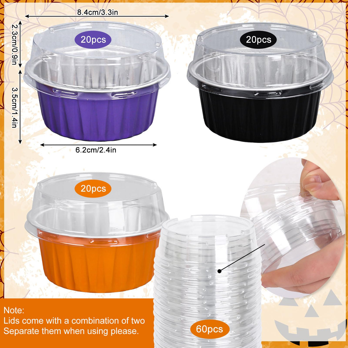 JarThenaAMCS 60Pcs Halloween Baking Cups with Lids Aluminum Foil Cupcake Holders Black Purple Orange Muffin Liners Wrappers Mini Cake Pans Ramekins Cups Dessert Containers for Party Supplies