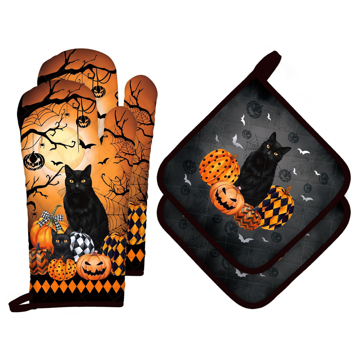 Arquiel Halloween Cat Oven Mitts and Pot Holders Sets 4Pcs, 100% Cotton Heat Resistant, Extra Long Oven Gloves Potholder for Kitchen Cooking Baking Decoration