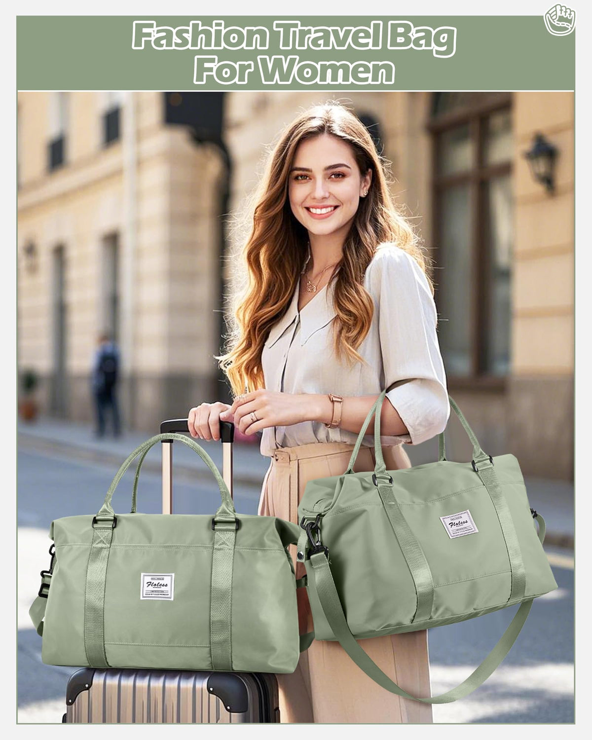 Travel Duffel Bags for Women Mens Waterproof Weekender Carry on Bag Sports Gym Bag Travel Tote Bags with Wet Pocket Overnight Bag Workout Duffel Bags with Trolley Sleeve Grey Green