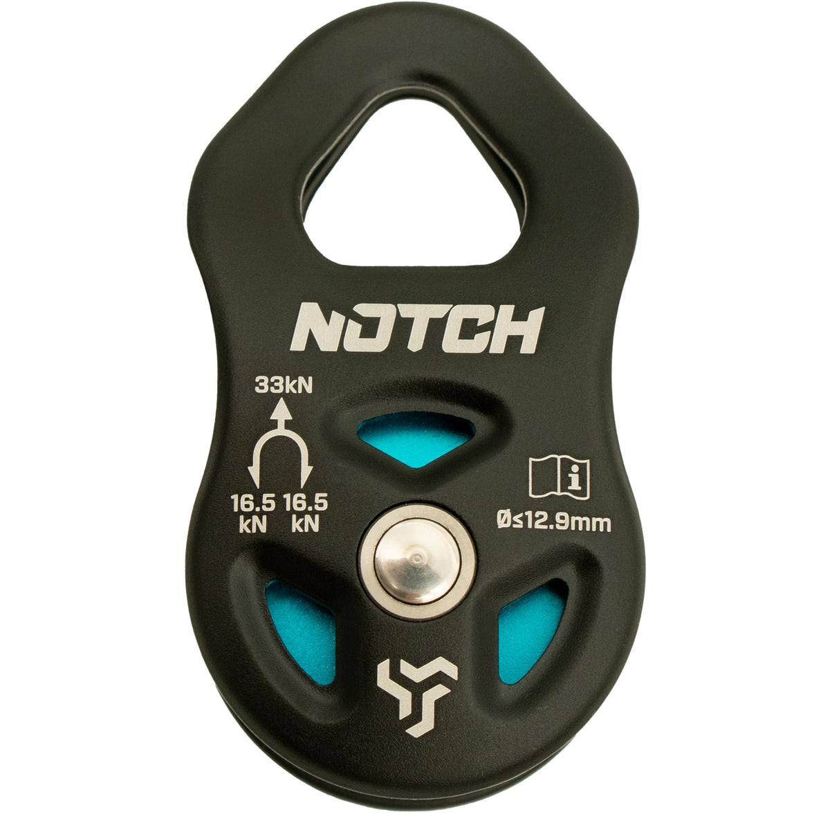 Notch Thirty-Three Micro Pulley with Massive Strength, MBS: 7,418 lbs. (33kN), Purpose-Built for Canopy Use, Mid-line Attachable with Swinging Side Plates, Use with Lines up to 1/2” (12.9mm) (100053)