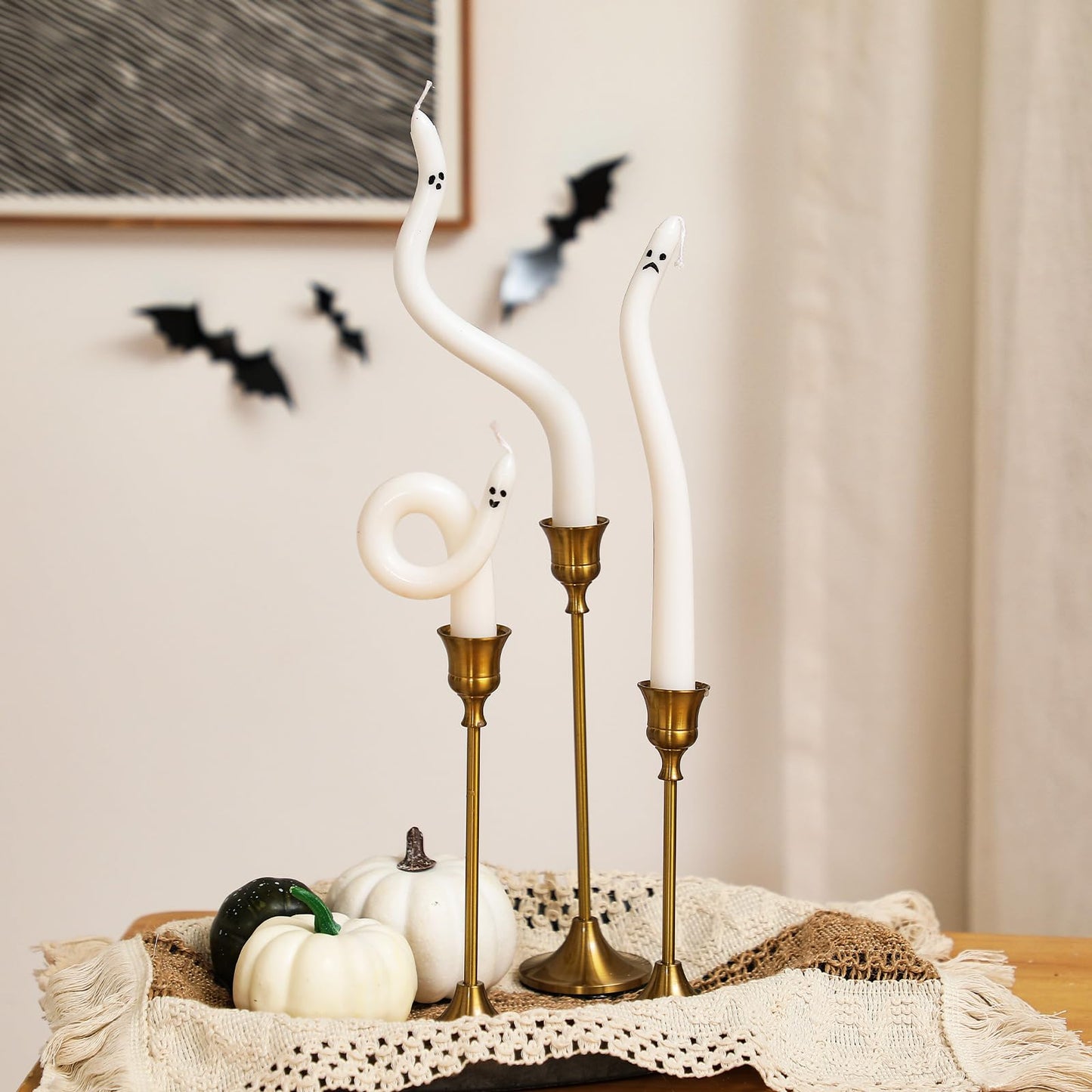Nuanchu 5 Pack White Ghost Taper Candles Halloween Spiral Unscented Twisted Candlestick Halloween Decor Candle for Home Ghost Spooky Party Dinner Table Birthday Decorations