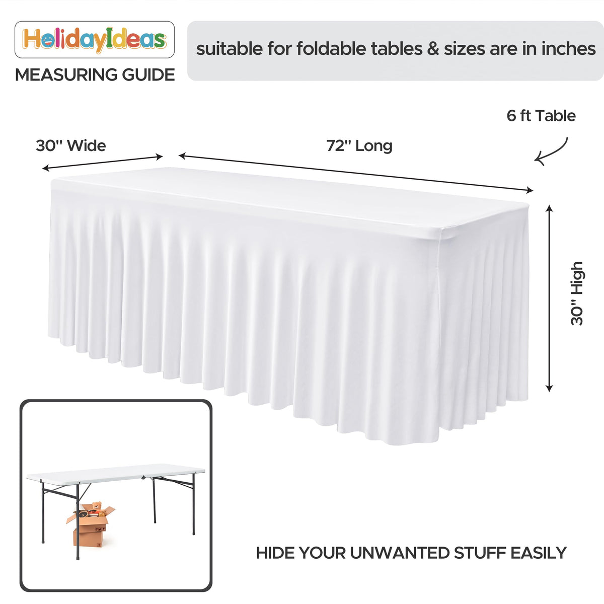 HolidayIdeas 2 Pack Spandex Table Skirt for 6 Ft Rectangle Tables, White Fitted Stretch Tablecloth 30 x 72 Inch, Wrinkle Resistant Ruffle Design for Wedding Banquets, Baby Showers, Parties