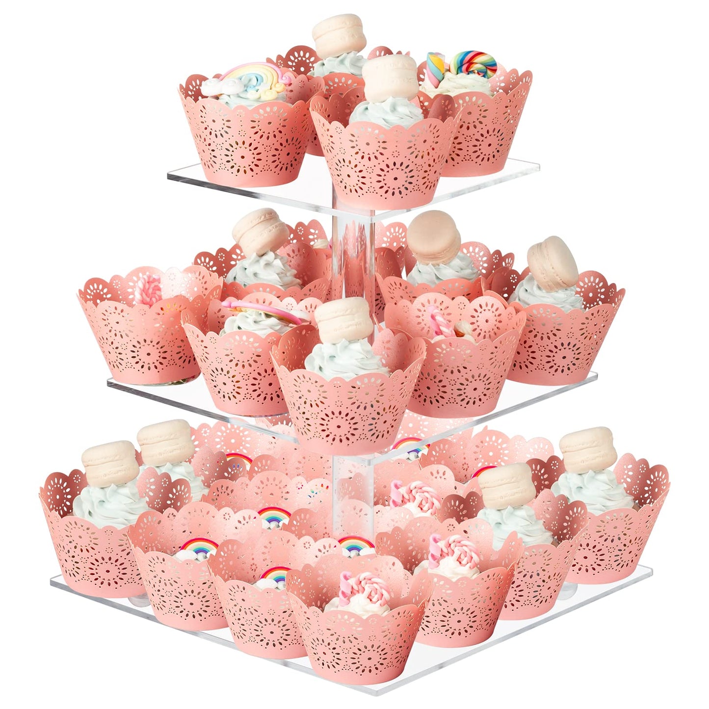 Boxalls Cupcake Stand, 3 Tier Square Acrylic Cupcake Display Stand Holder, Clear Dessert Pastry Tower for Wedding, Birthday, Theme Party, Baby Shower