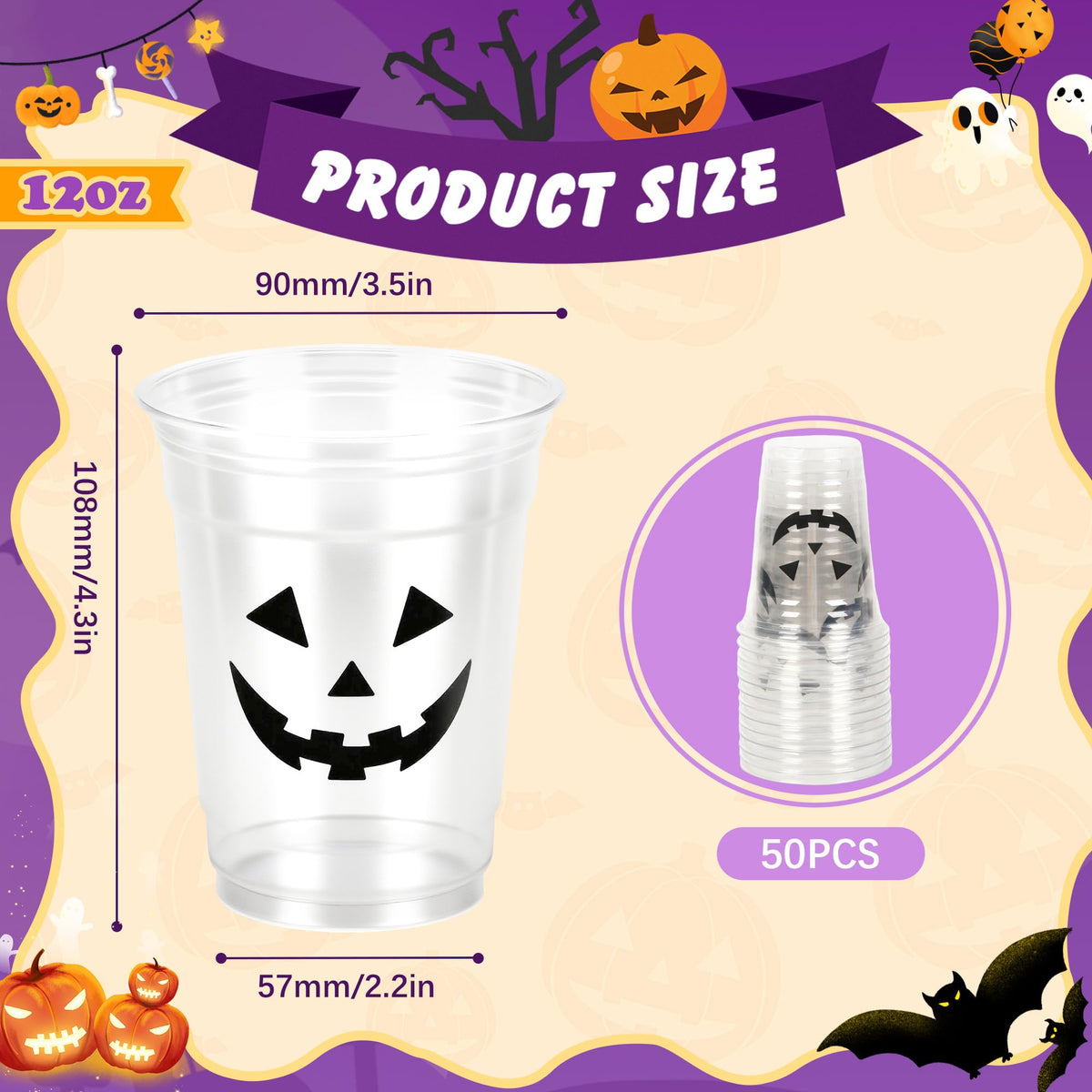 Pumpkin Face Plastic Cups Halloween Scary Disposable Party Cup Jack O Lantern 12oz Clear Cups for Candy Beverage Snacks October Trick or Treat Party Supplies (50)