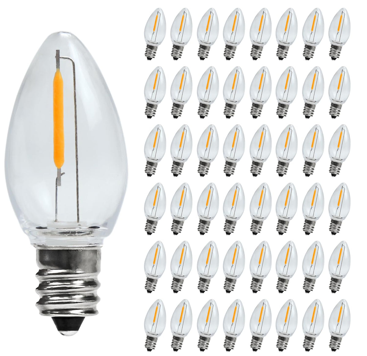 C7 LED Night Light Bulbs, C7 Led Replacement Bulbs for Christmas String Lights, Shatterproof & Waterproof C7 Led Bulbs, E12 Candelabra Base, 0.6W Equivalent to 7W, 2200K Warm White, ‎Plastic 50 Pack