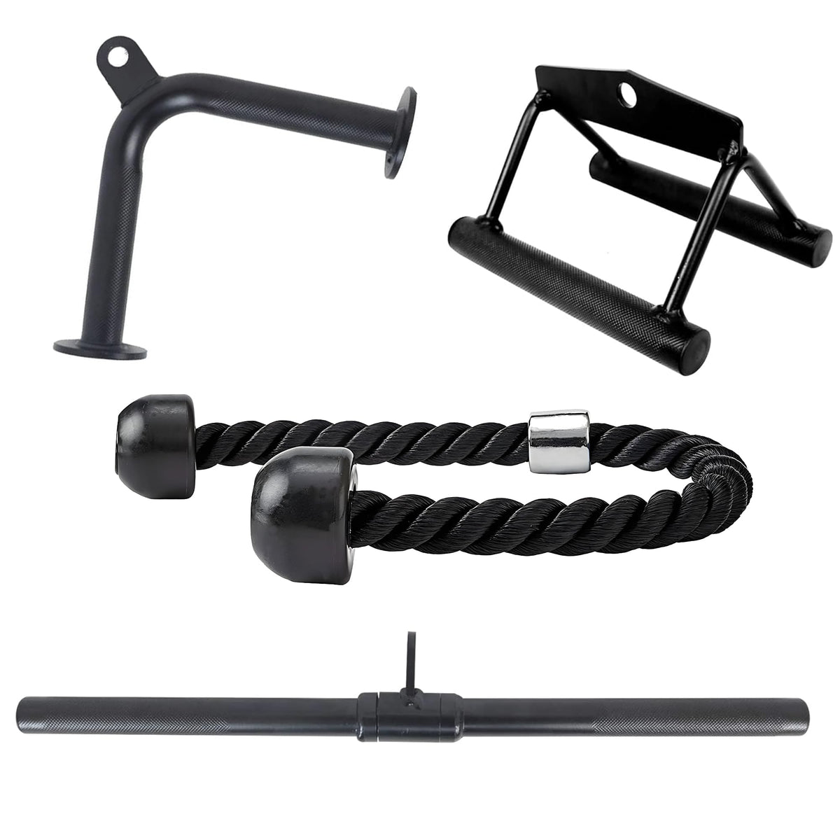 Fitvids Cable Machine Attachment – Tricep LAT Pull Down Cable Attachment for Gym – 4-Piece Set-Black – Black