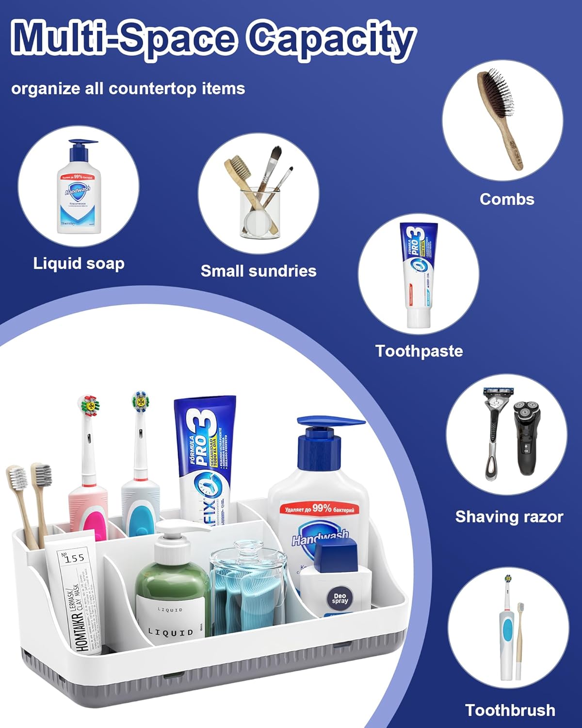 Skiennix Bathroom Counter Organizer - 7 Slot Detachable Toothbrush Holder | Anti-Slip Vanity Storage for Adults & Kids