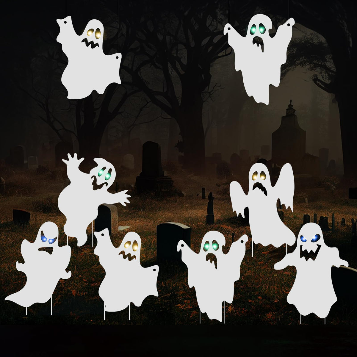 OuMuaMua Outdoor Halloween Decorations Signs - 6pcs Ghost Decor Halloween Yard Signs with Stakes LED Light Up Eyes for Garden Yard Scary Decorations Outside