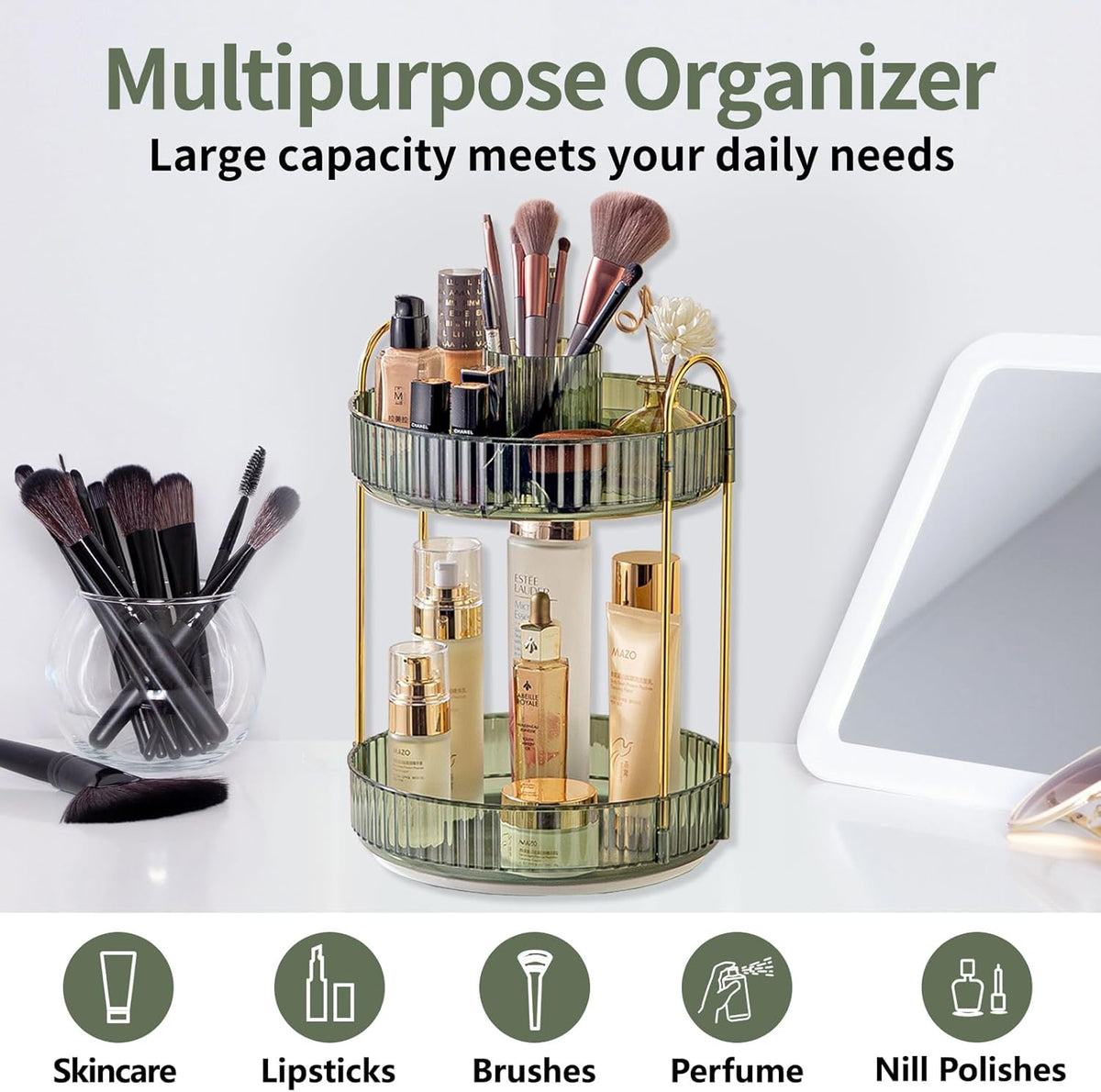 Asayuee 360 Rotating Makeup Organizer - Large Capacity 2-Tier Storage for Cosmetics & Skincare | Green