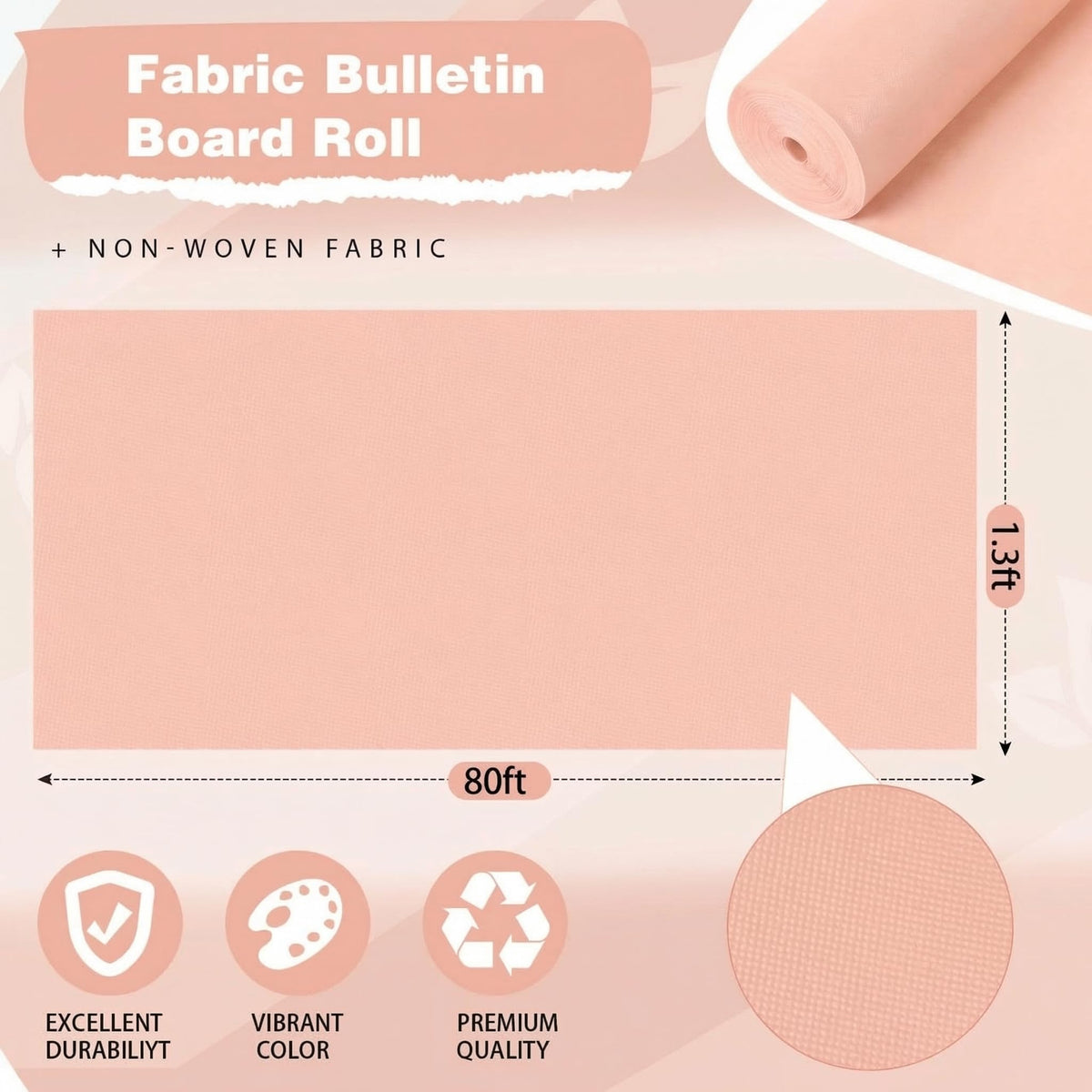 Breling 16 inch x 80 ft Fabric Bulletin Board Roll for Classroom Waterproof Non-Woven Fabric Background Roll Anti-Wrinkle Bulletin Board Background for Back to School Wall Decor DIY Craft(Blush)