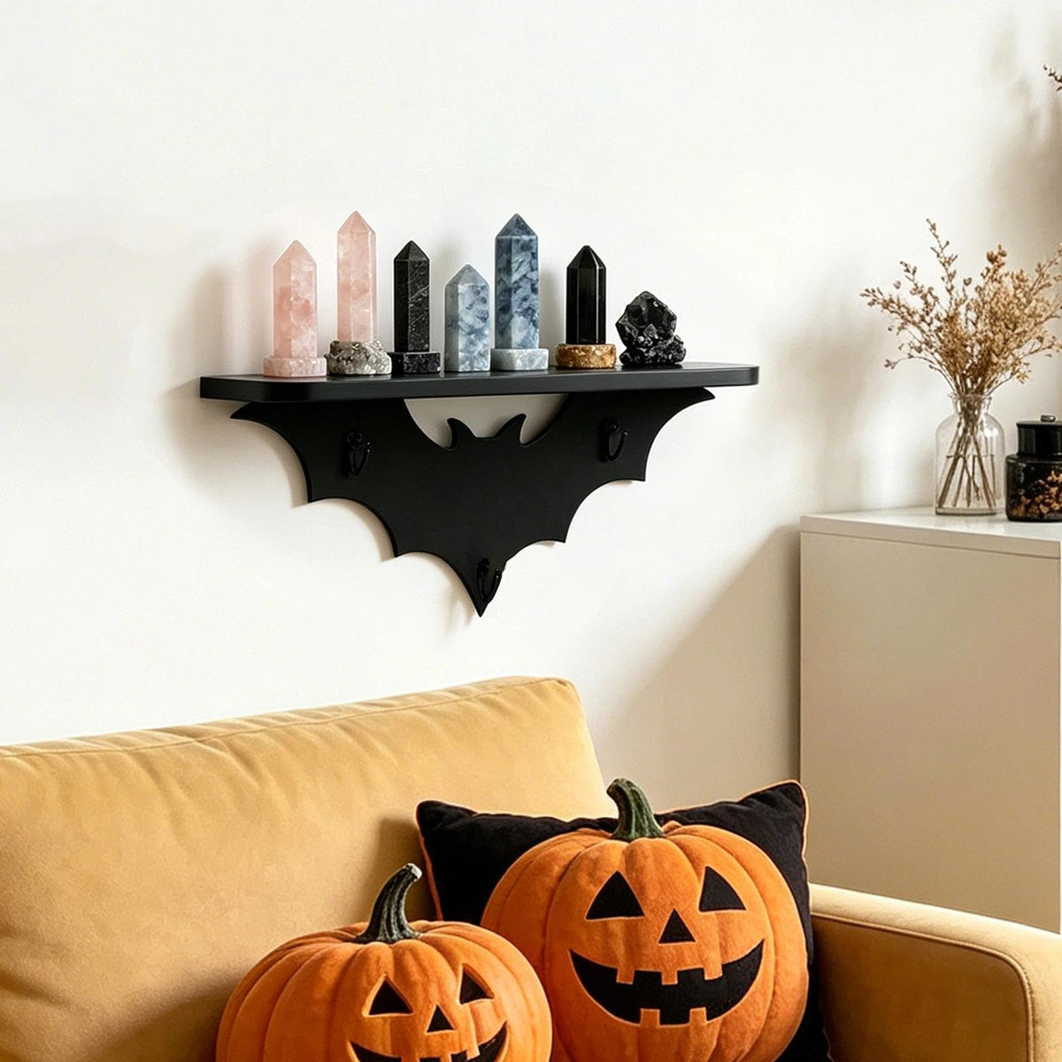 Zoonlinpp Bat Shelf Floating Shelves for Wall Halloween Gothic Room Decor for Bedroom Kitchen Livingroom Wall Shelf with 3 Key Hooks
