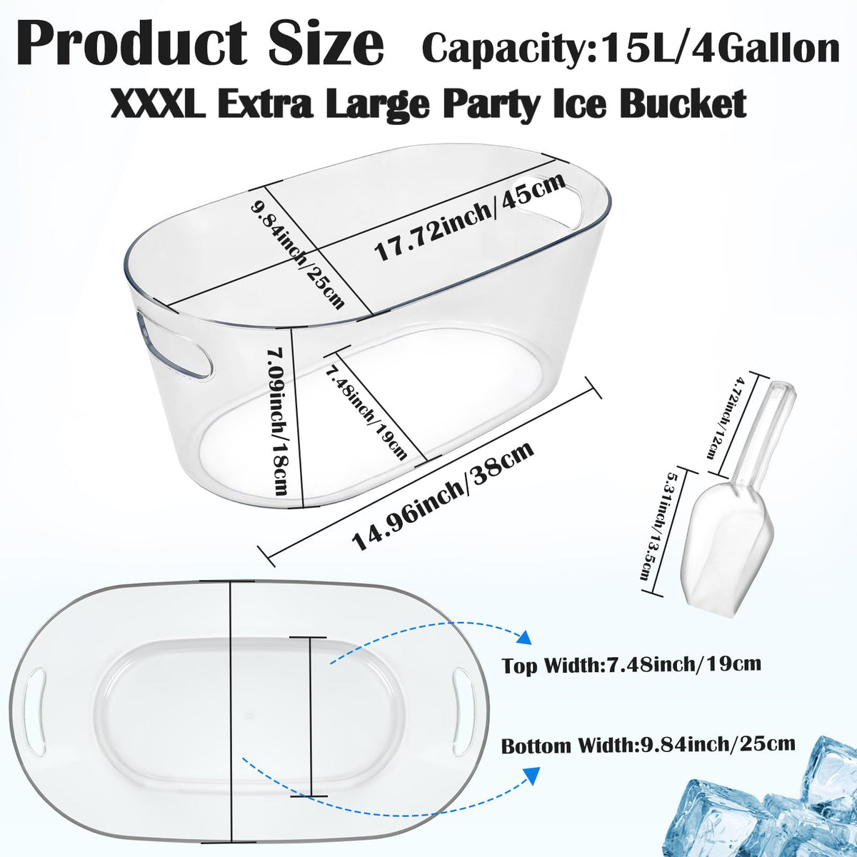 2 PCS Ice Buckets for Parties, 15L Large Ice Bucket, 4 Gallon Clear Acrylic Champagne Wine Buckets with 2 Scoops, Beverage Tub Mimosa Bar Supplies for Champagne, Beer, Cocktail