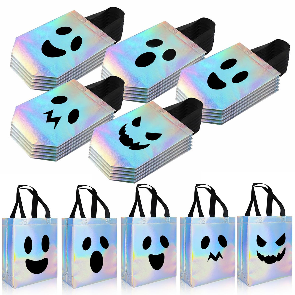 KAWZBYN 30 Pcs Halloween Ghost Gift Bags Iridescent Holographic Candy Goodie Bag Reusable Non woven Gift Bags for Girls Halloween Trick or Treat Party Supplies Favors, 8''x4''x10''