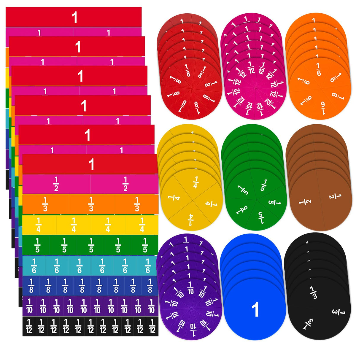 12 Sets Fraction Bars Include 6 Sets Fraction Tiles and 6 Sets Fraction Circles for Math Classroom Foam Fractions Manipulatives Math Manipulatives for Home School Supplies