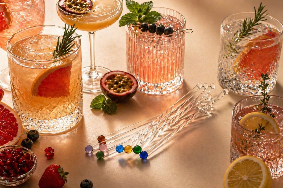 GET FRESH Glass Cocktail Stirrers Set – 8pcs Reusable Long Coloured Borosilicate Glass Swizzle Sticks for Cocktails and Drinks
