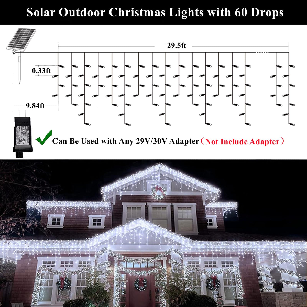 KiflyTooin Solar Christmas Lights Outdoor Waterproof Christmas Decorations Curtain Lights 320LED 29.5ft 60 Drops, Solar Powered Rechargeable Fairy Lights for Party, Wedding, Home Decorations(White)