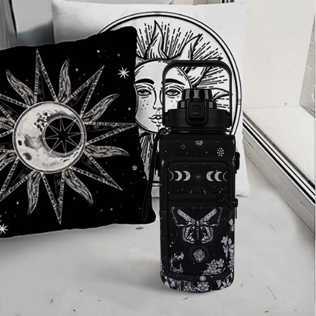 Baiheyi Goth Moon 64 oz Water Bottle with Sleeve - BPA-Free, Leakproof, Time Marker & Flip Top Lid - Motivational for Halloween Spooky Gifts for Women (Christmas, Birthday)