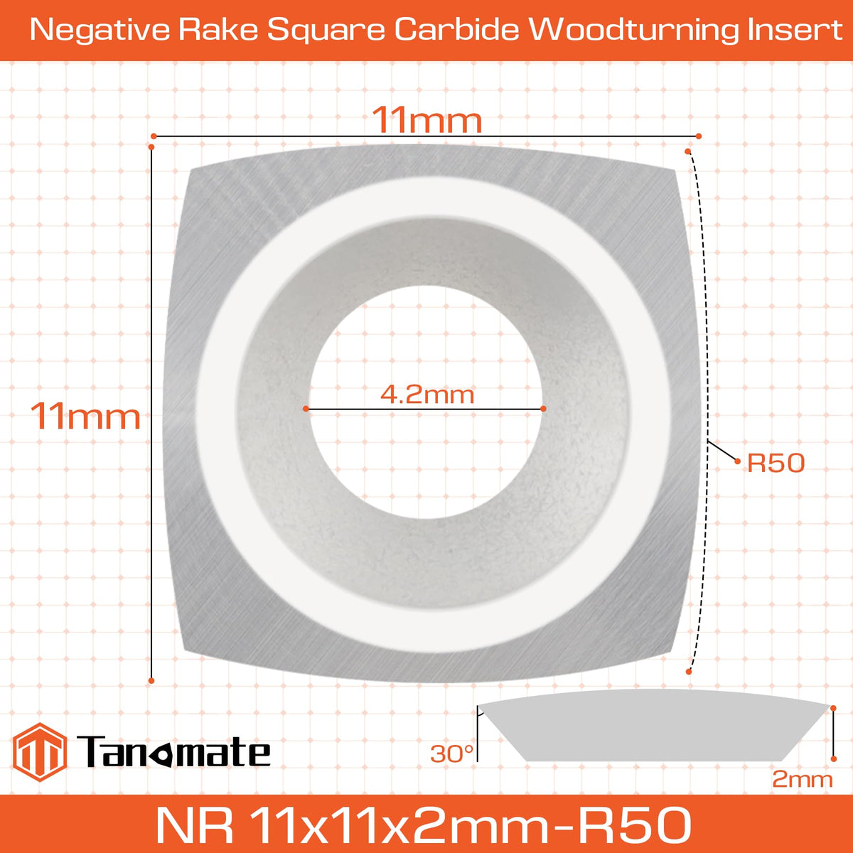 TANOMATE Negative Rake 11x11x2.0mm-R50 with Screws Carbide Replacement Inserts Cutter for Woodturning Lathe Tools.