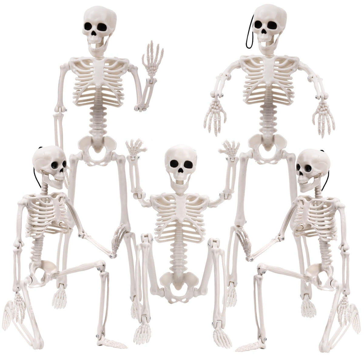XIMISHOP 5pcs Halloween Skeleton Decoration, 16" Full Body Posable Hanging Skeleton with Movable Joints for Graveyard Haunted House Indoor Outdoor, White