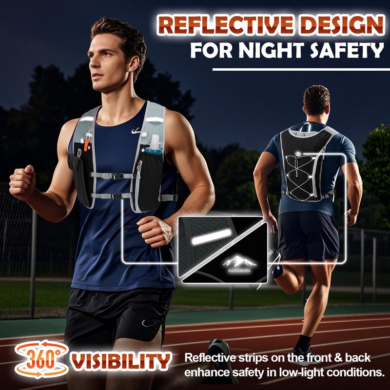 RAINSMORE Running Hydration Vest with 500ml Soft Flask, Waterproof Phone Pocket, Lightweight Hydration Pack, Adjustable No-Bounce Straps for Trail Running, Marathon, Cycling Black