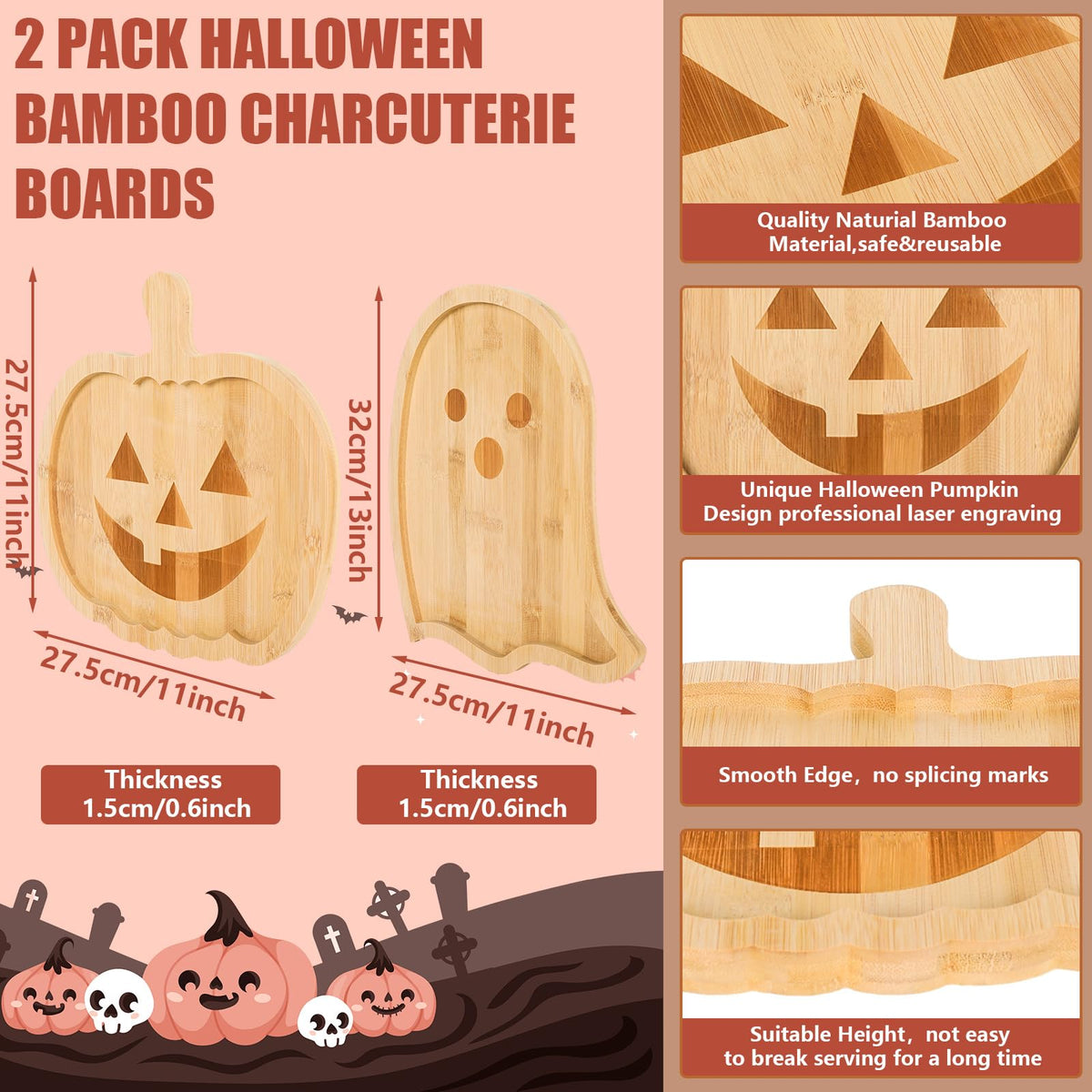 Whaline 2Pcs Halloween Charcuterie Board Pumpkin Ghost Serving Trays Bamboo Cheese Platter Tray Appetizer Boards Party Serving Platters for Home Party Dinnerware Supplies