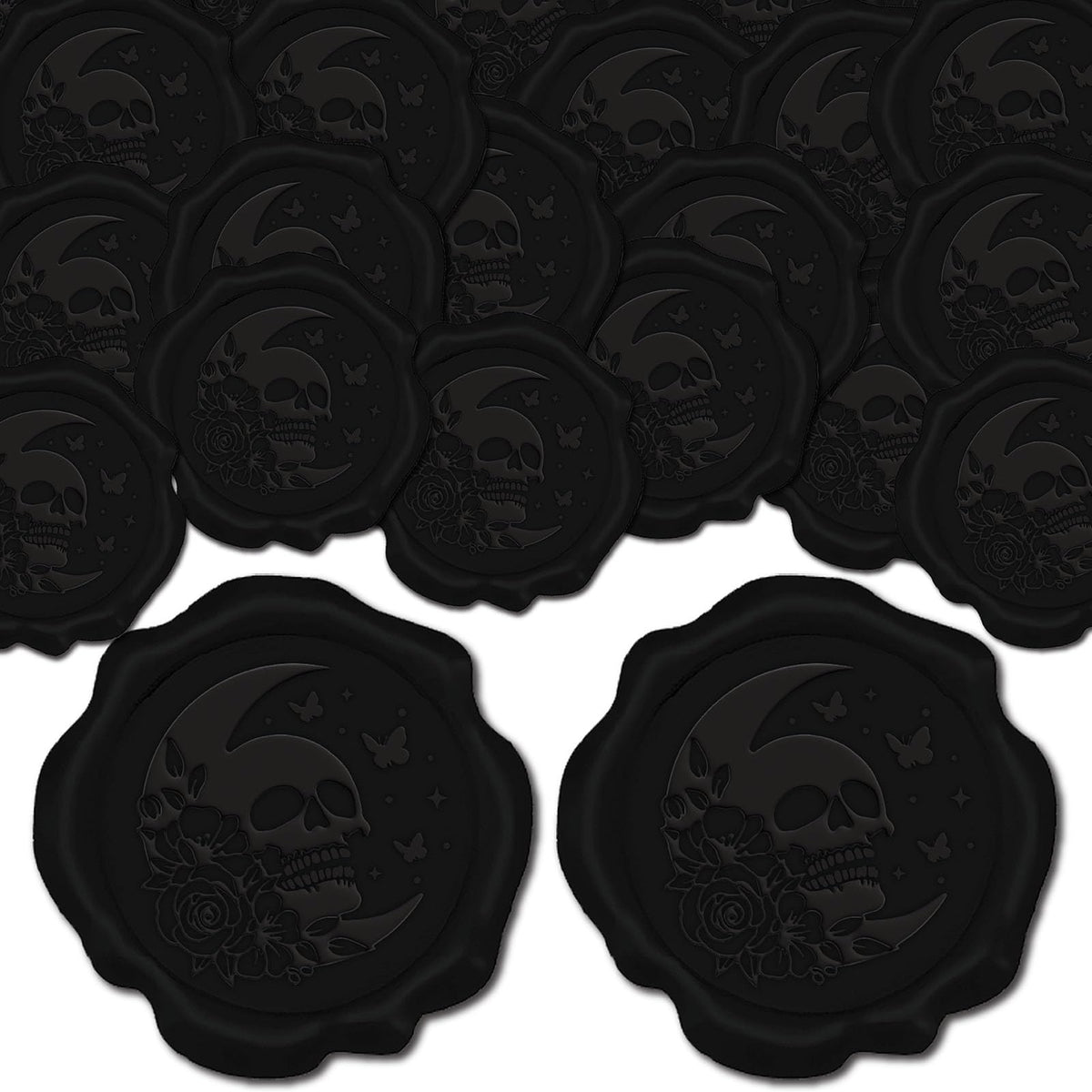 CRASPIRE 100pcs Skeleton Wax Seal Stickers - Black Moon Rose Butterfly Gothic Decoration Adhesive Envelope Sealing Stickers for Halloween Birthday Gift Party Craft