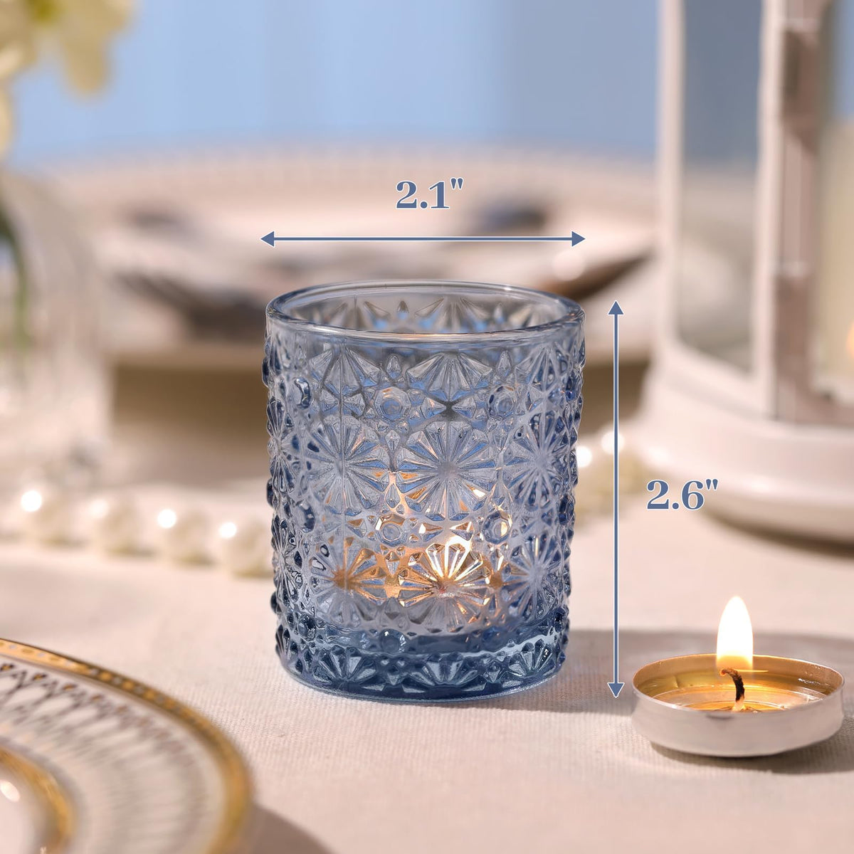 Lanttu Blue Votive Candle Holder Set of 12, Flower Tea Lights Candles Holders for Wedding Table Centerpieces, Birthday Parties, Home Decor, Blue Bridal Shower and Holiday Decorations