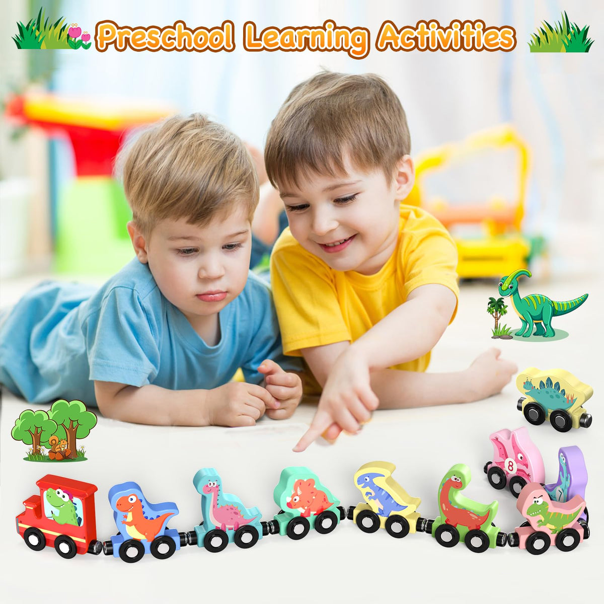 Zeoddler Toys for Toddlers, 11 Magnetic Wooden Dinosaur Train Set, Montessori Toys for Toddlers, Preschool Educational Material for Kids, Birthday Gifts for Boys, Girls