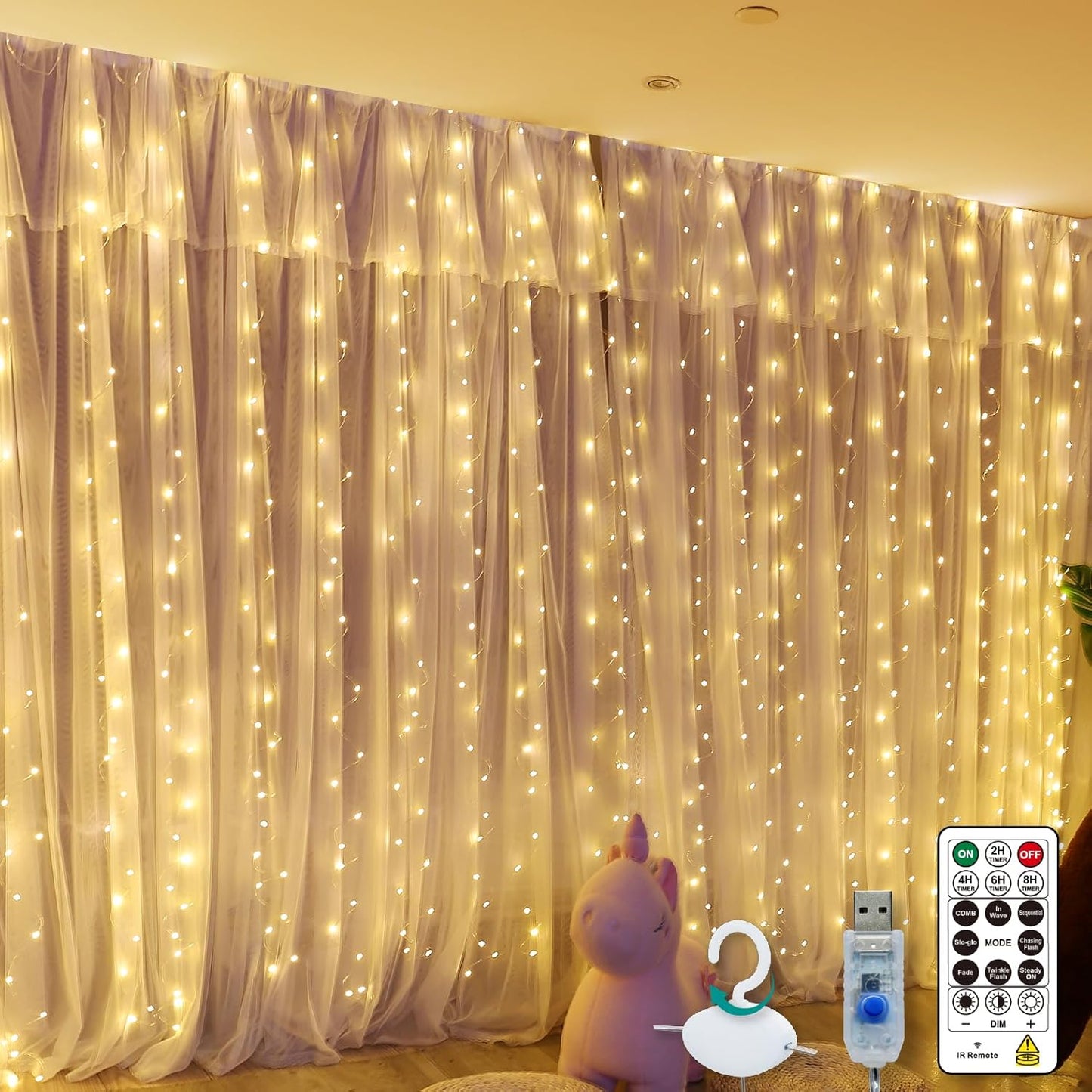 Skiennix Warm White Curtain Light - 300 LED Fairy String Lights | 9.8ft x 9.8ft with Remote & Hooks