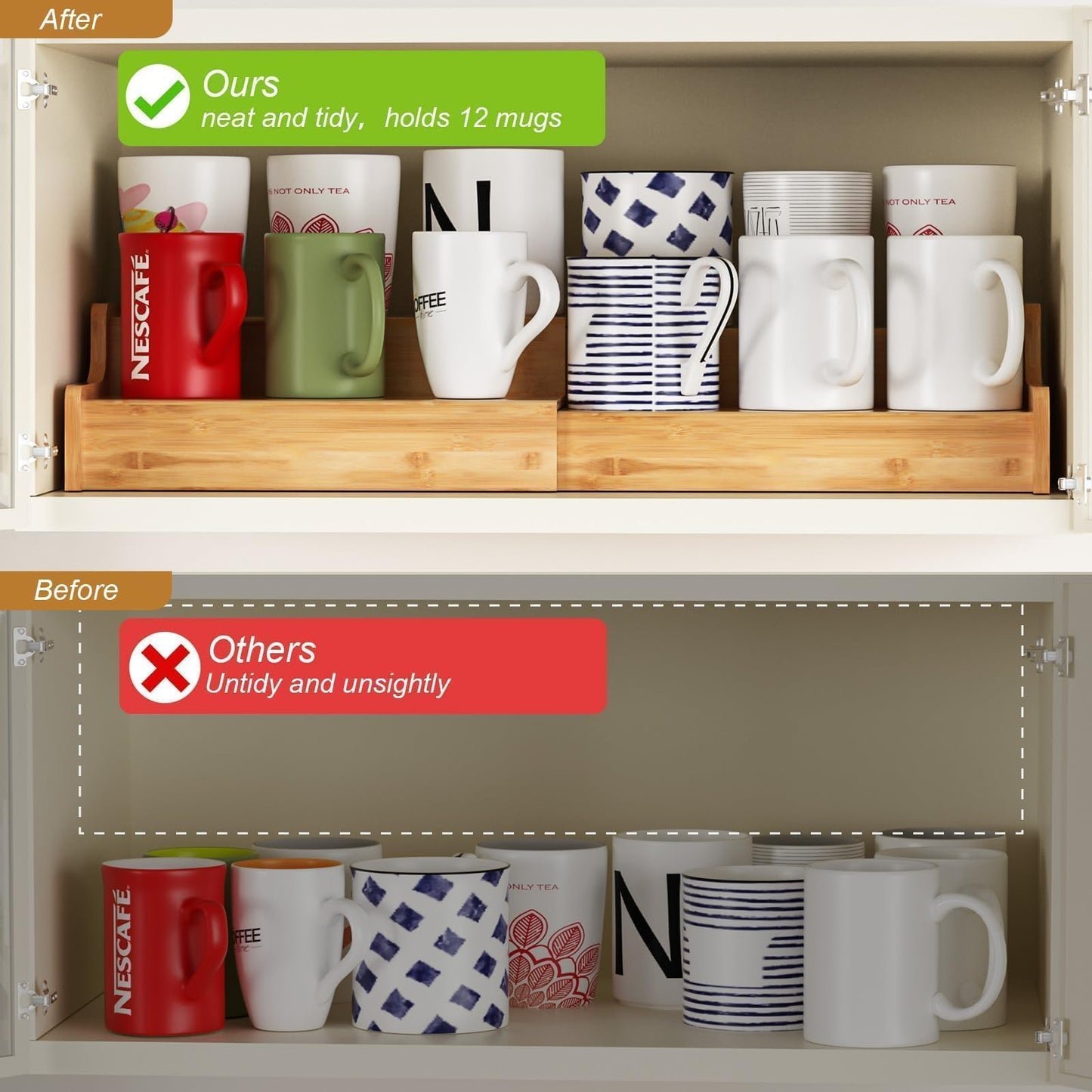 Hongtamoya 2-Tier Expandable Bamboo Coffee Mug Holder, Mug Organizer for Kitchen Cabinets, Mug Cup Rack, Multi-Functional Cup Holder Shelf, Coffee Bar Organizer, Home