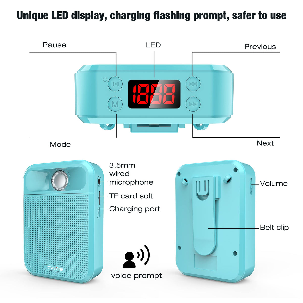 Voice Amplifier, Towevine Portable Rechargeable Microphone Speaker with Headset and Waistband for Teachers, Classroom, Singing, Coach, Training, Presentation, Tour Guide - Blue