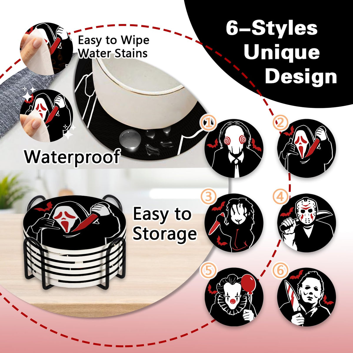 Pycat Halloween Horror Movie Characters Drink Coasters with Holder Set of 6, Bloody Black Absorbent Ceramic Cup Mat for Coffee Table Protection, 4 Inches Scary Home Kitchen Decor Housewarming Gifts