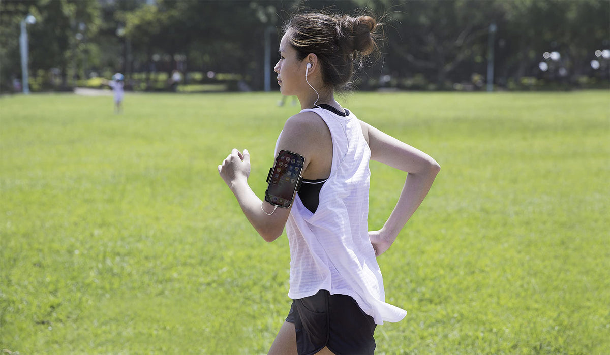 BONE Run Tie, Running Armband Phone Holder, Skin-Friendly & Washable Silicone Sport Armband, Universal Workout Phone Carrier Compatible with 4"-6.7" Smartphones (Black - Size L/Arm Size 9.8-15.7")