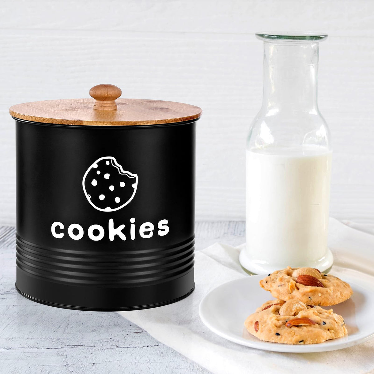 LUKMILEE Cookie Jars with Lids Airtight, Large Cookie Tins, 1.5 Gallons Cookie Jar for Kitchen Counter Decorative, Farmhouse, Christmas, Mother's Day Gift Cookie Storage Containers (Black)