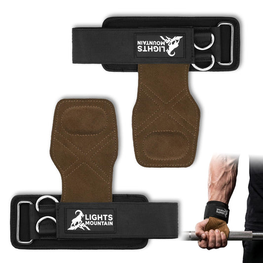 Lights Mountain Heavy Duty Weight Lifting Straps with Dual D-Rings, Leather Palm Grip, Neoprene Wrist Support for Deadlifts, Rows, Cable Machines & Free Weights