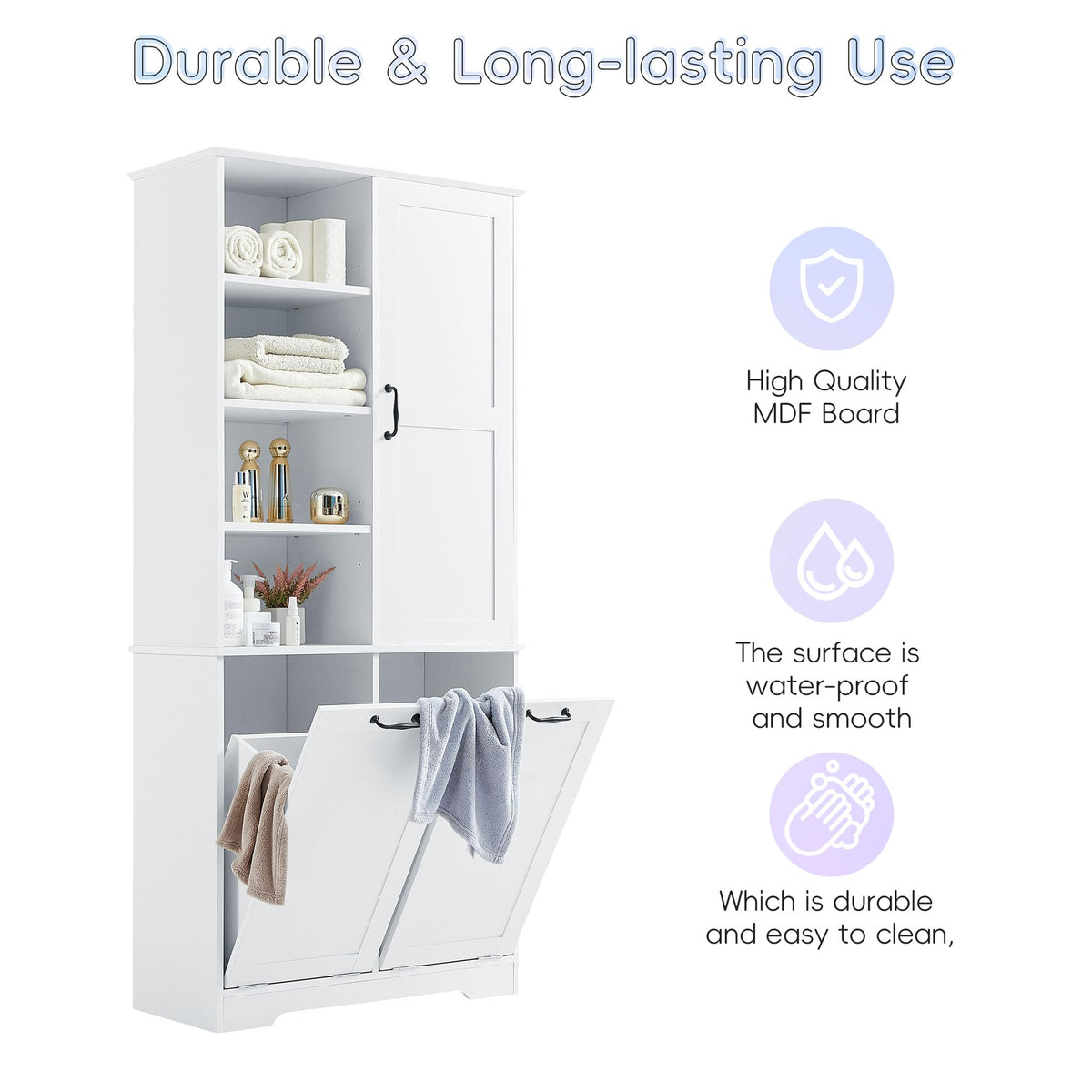 Merax Cabinet with Tilt-Out Laundry Hamper Basket, Tall Bathroom Storage Organizer Linen with Open Shelf for Home, Freestanding, White