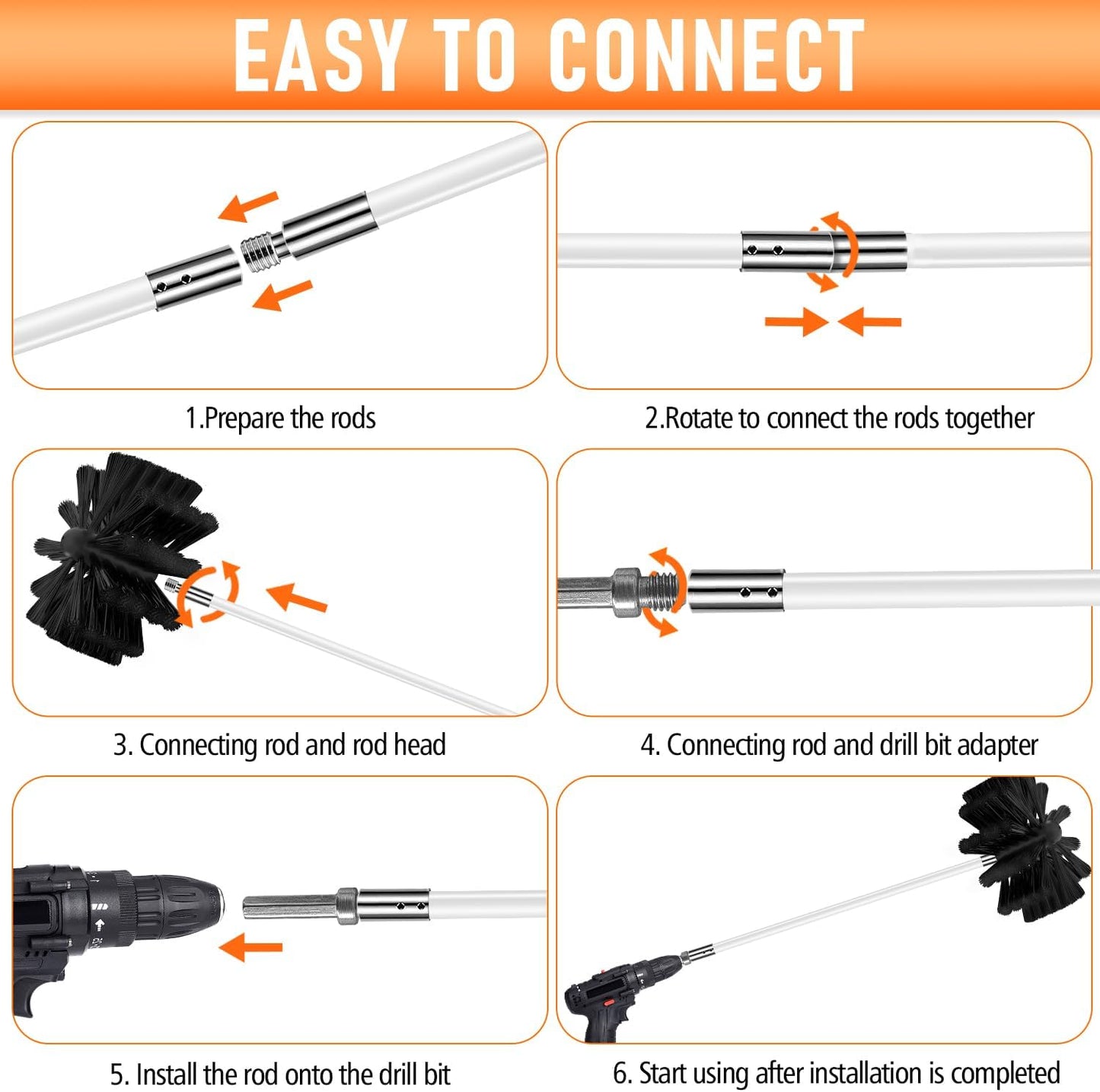 Skiennix Chimney Sweep Kit - 30 Feet Rotary Cleaning System with 8-Inch Brush Head & 23 Flexible Rods