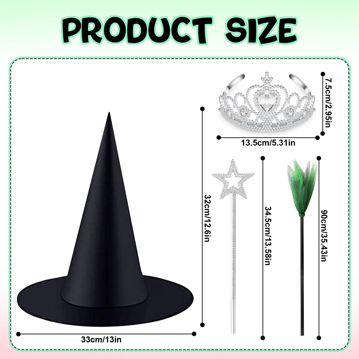 Yoloodayy 24 Pcs Witch Hats Brooms and Princess Crowns Star Wands Set Glitter Princess Accessories for Adults Witch Party Supplies Christmas Pink Green Party Decor Photo Props