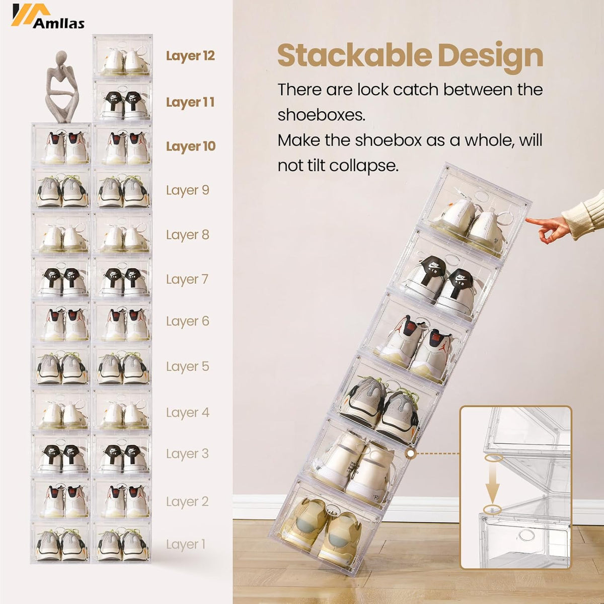 Amllas Clear Shoe Storage Boxes - Stackable & Sturdy Design | Fits Up to US Size 12 (13.8”x 9.84”x 7.1”)