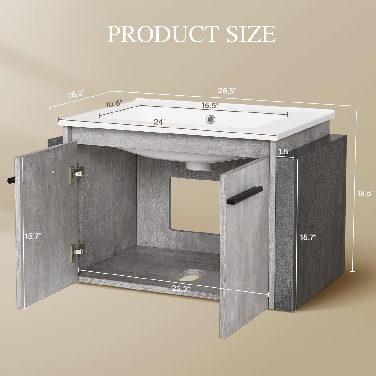 YITAHOME 24 Inch*2PC Floating Vanity Bathroom with Sink Combo, Grey Wall Mounted Modern Vanity, Bathroom Cabinet Vanity with Soft-Closing Double Extra Large Doors, Total 53 Inch